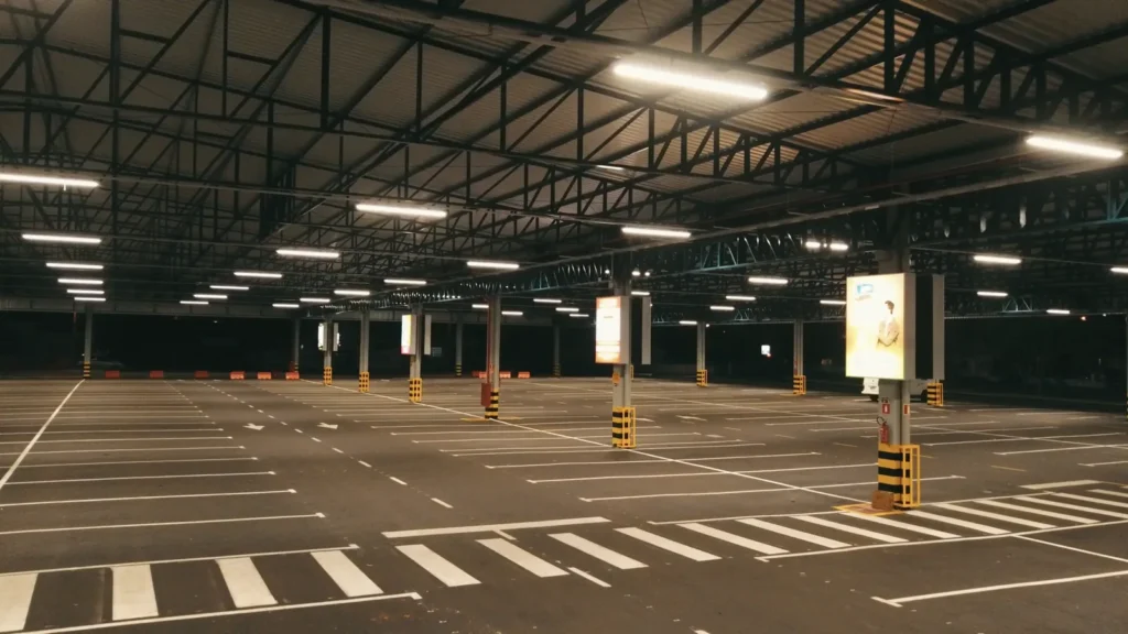 Estacionamento coberto de grande área com estrutura metálica da Sartori