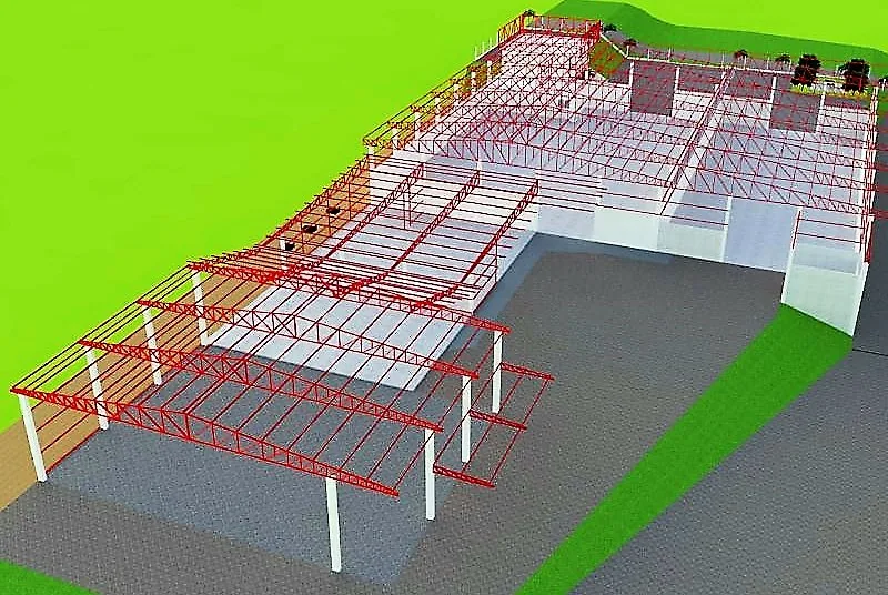Projeto 3D da estrutura de cobertura de um barracão antes da execução