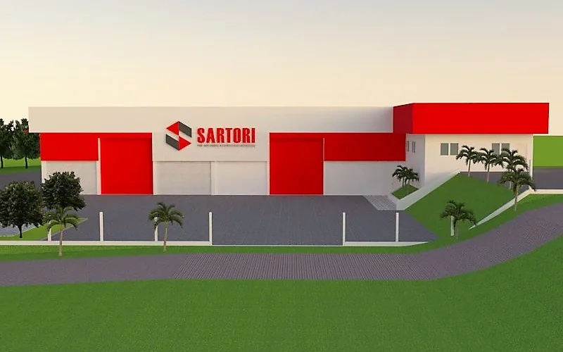 Projeto 3D de fachada de barracão comercial com identidade da Sartori